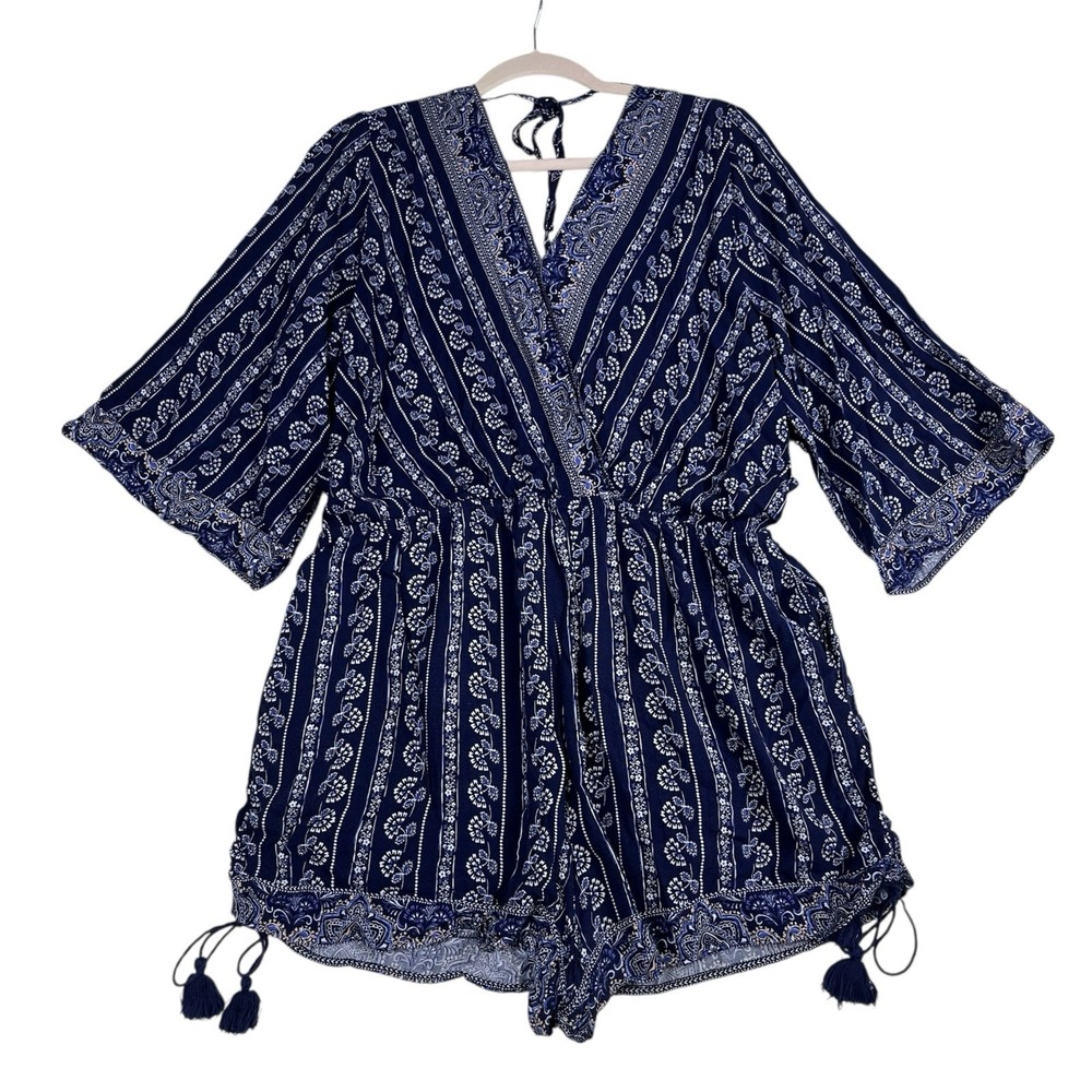 Skies Are Blue‎ 2XL Blue White Floral Romper Tassel Drawstring V-Neck Boho Beach